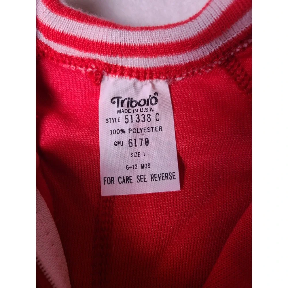 USA VTG Y2K Triboro Footed Sleeper Baby 6-12M Red Fleece Striped Trim 90s